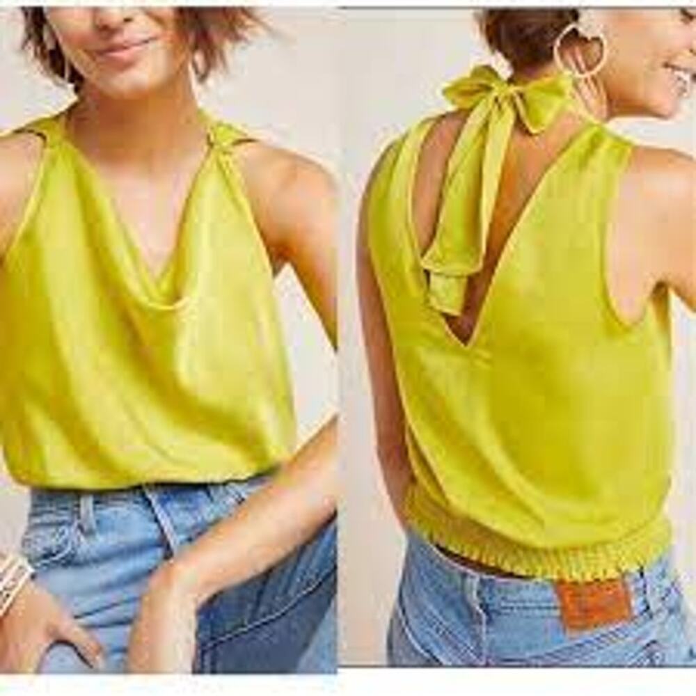 Anthropologie Maeve Alida Satin Cowl Neck Top Chartreuse 8 Draped Cropped Tie - Picture 1 of 11